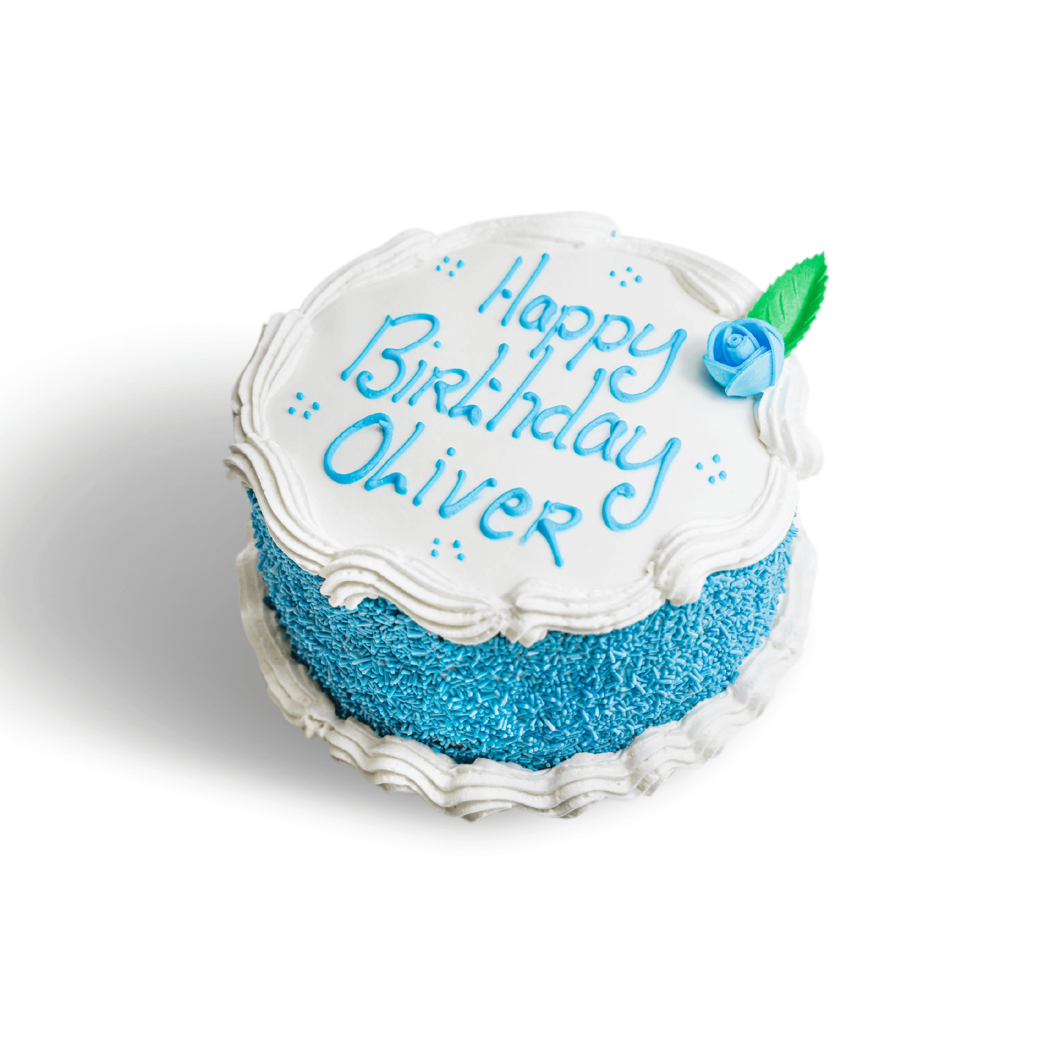 A White Birthday Cake With Blue Writing And Blue Decorations