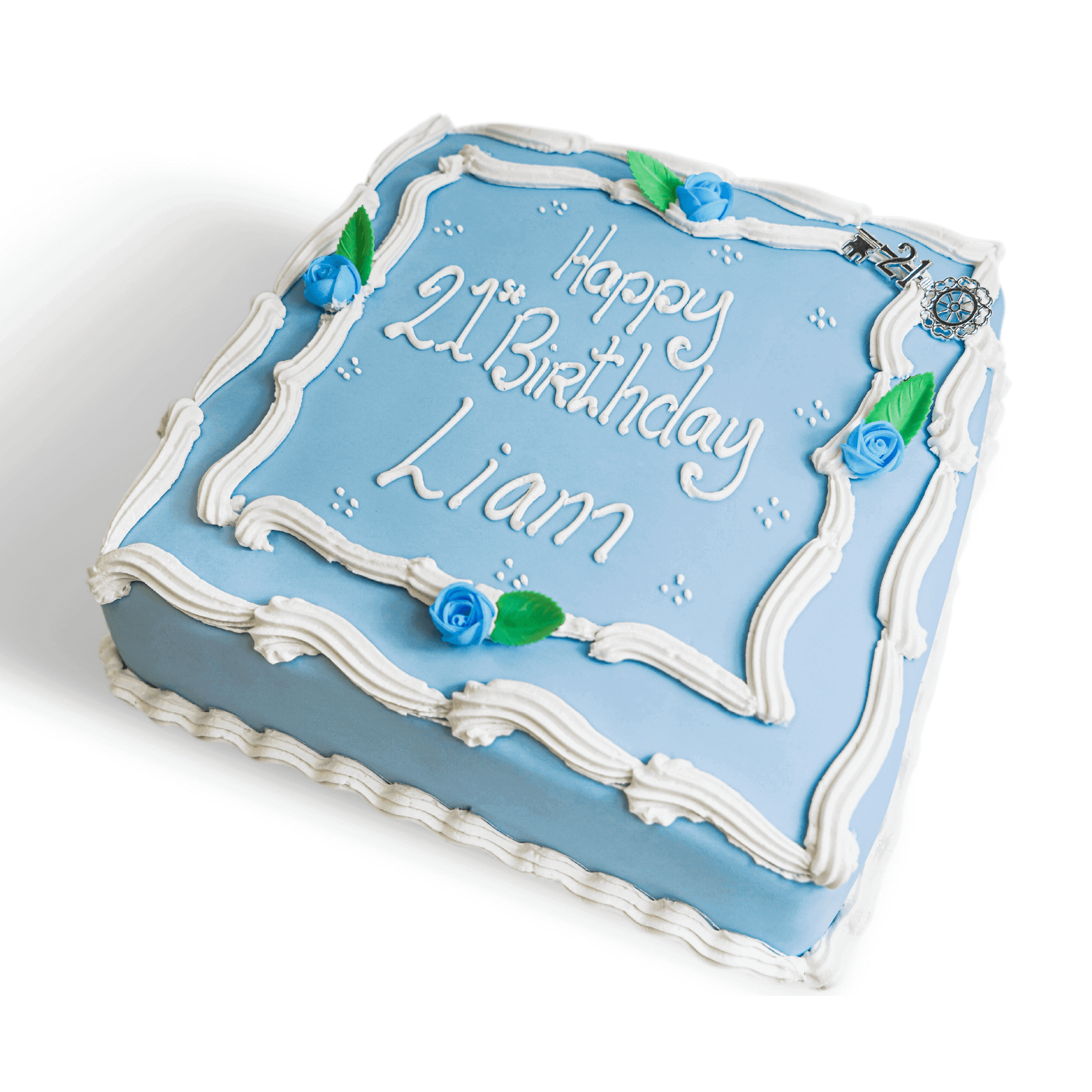 A Blue Birthday Cake With White Writing