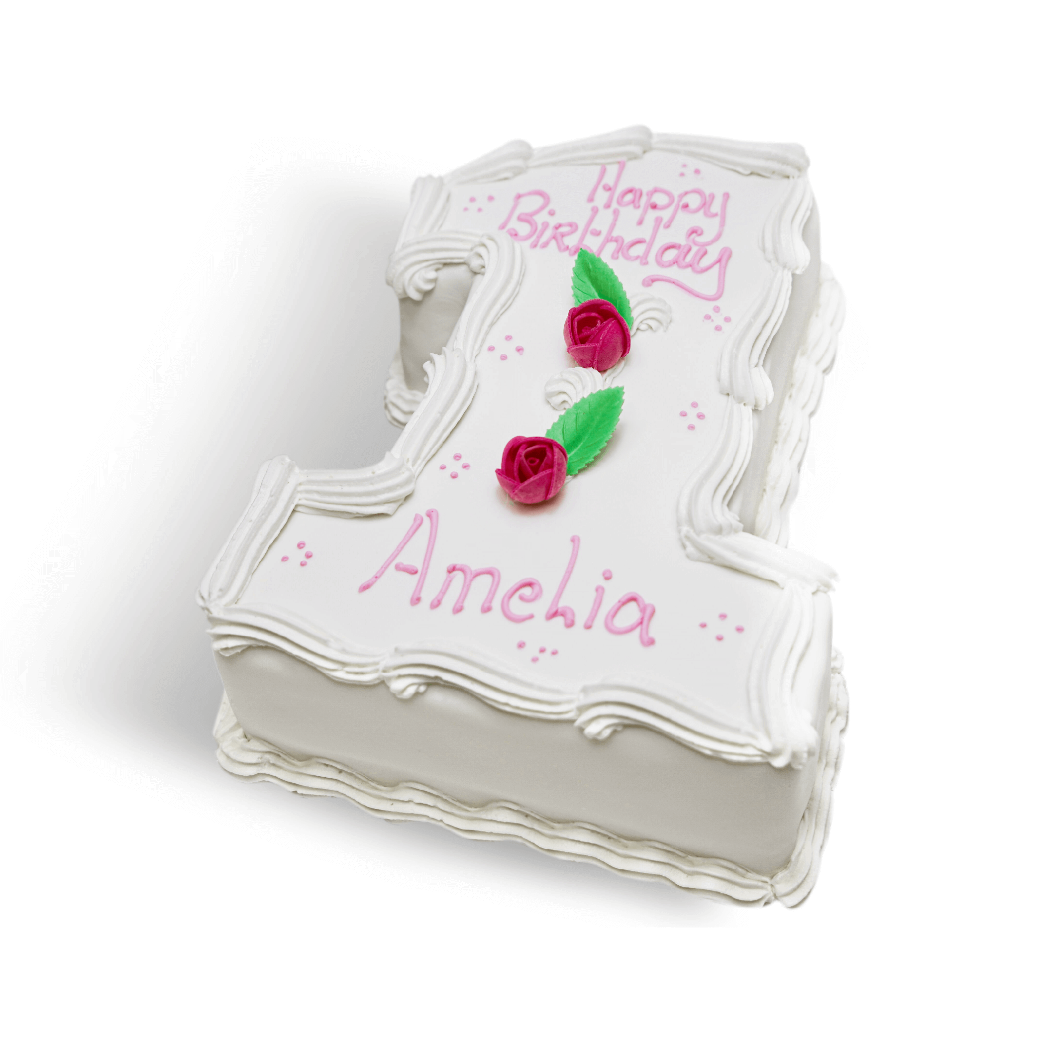 A White Birthday Cake With Pink Decorations In The Shape Of The Number 1